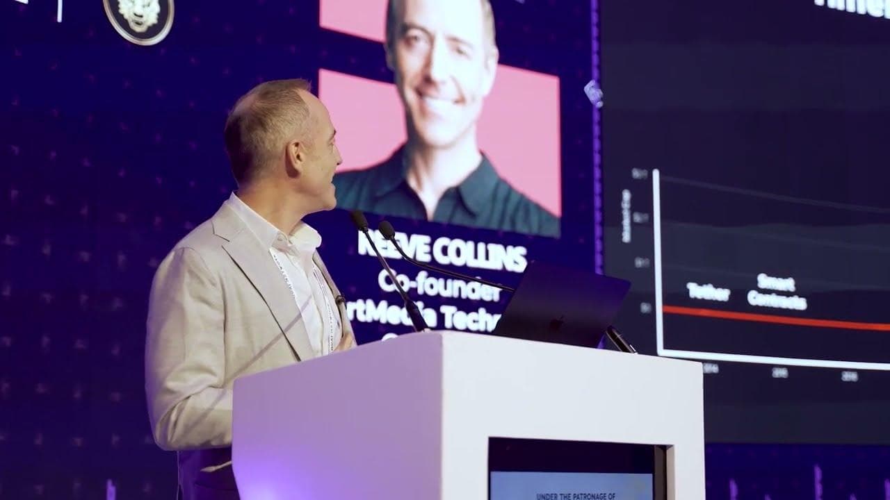 Reeve Collins at the podium, World Blockchain Summit, Dubai