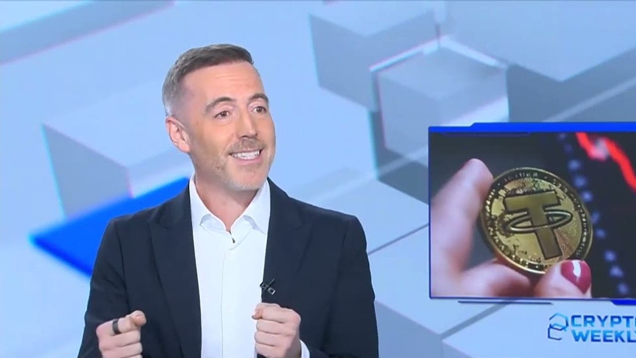Reeve Collins on CNBC Arabia, 2026, beside a Tether coin